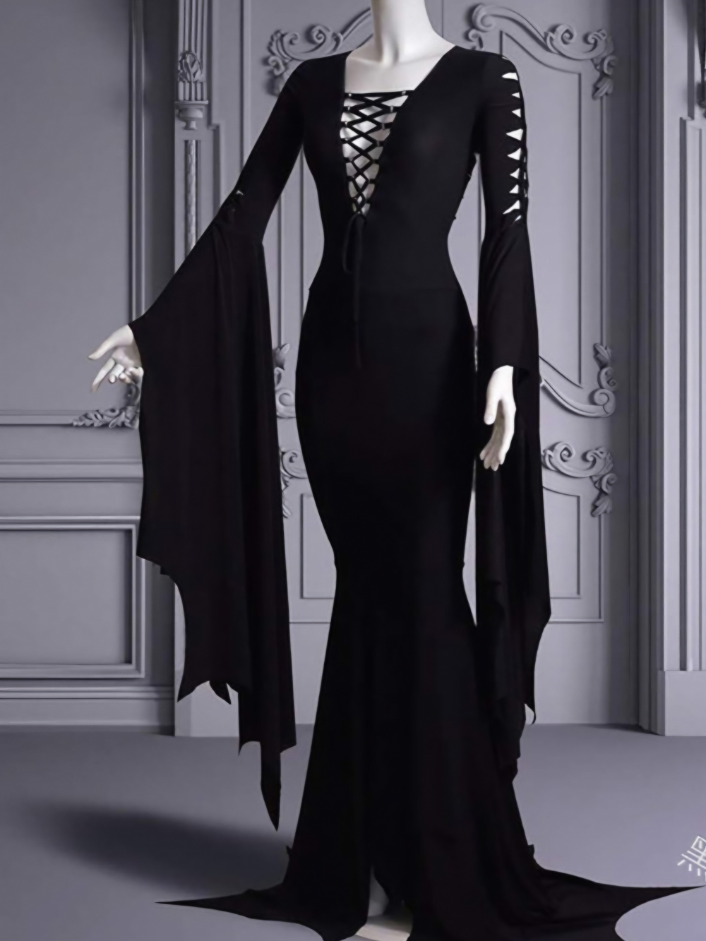 Black Gothic Lace-Up Witch Mermaid Maxi Dress